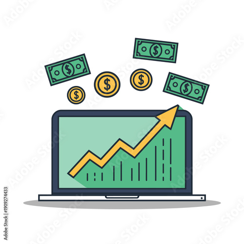 Business finance icon showing a laptop with growth chart, rising arrow, coins and money, symbolizing profit, investment, analytics, and success.