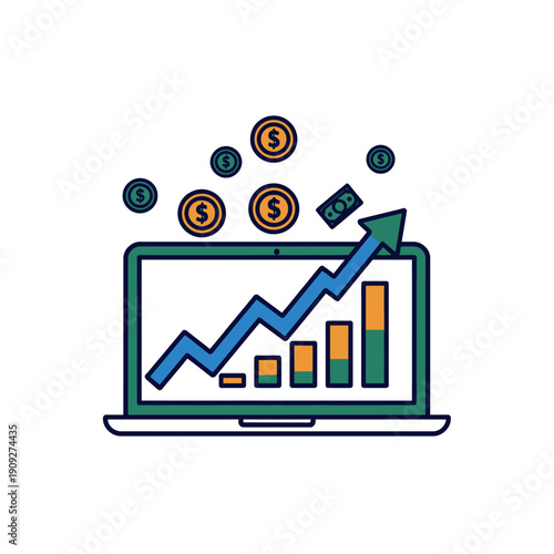 Business finance icon showing a laptop with growth chart, rising arrow, coins and money, symbolizing profit, investment, analytics, and success.