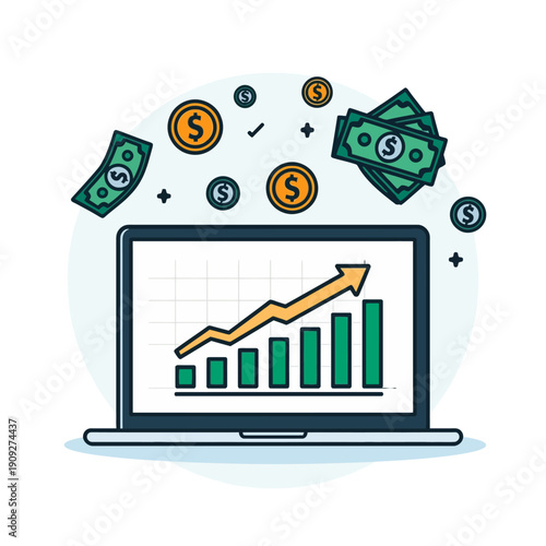 Business finance icon showing a laptop with growth chart, rising arrow, coins and money, symbolizing profit, investment, analytics, and success.