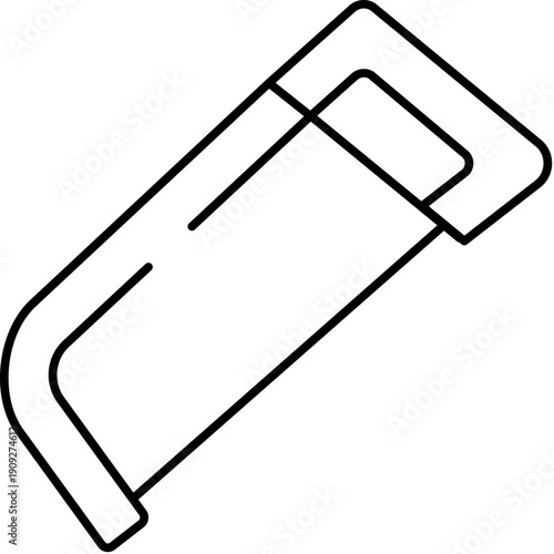 Hacksaw line art icon showing a hand held cutting tool with blade and handle, minimalist vector outline symbolizing metalwork, carpentry, repair, diy, construction and engineering