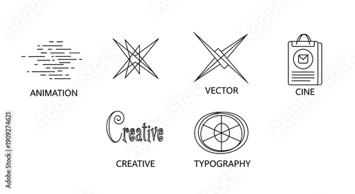 Set of 6 creative icons: animation, vector, cine, creative typography, abstract shapes