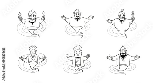 Set of 6 Genie Icons, Fantasy Characters Emerging from Smoke