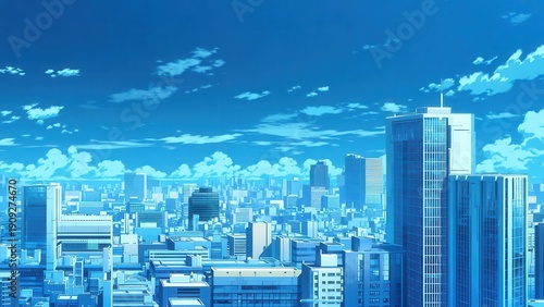 快晴の空と広がる都市ビル群のパノラマ風景イラスト