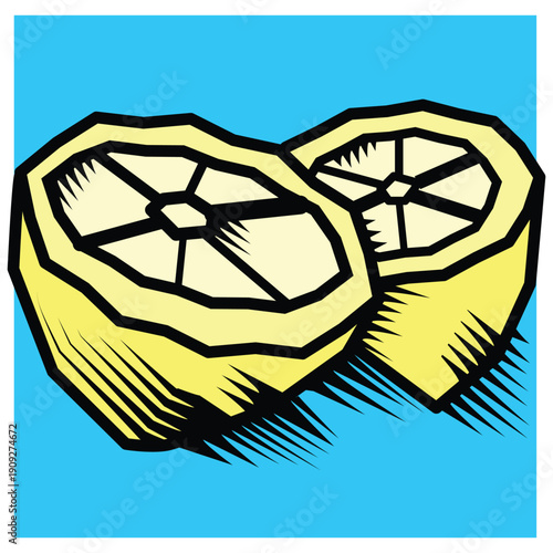 Woodcut flat vector illustration color of sliced lime fruit with thick black outlines on a vibrant blue background, ideal for fresh food, summer, and healthy lifestyle concepts.