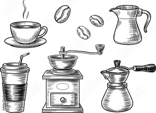 Set of hand drawn coffee elements with grinder, cup, beans and vintage pots for cafe branding