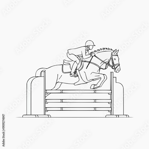Equestrian rider jumping over obstacle with horse in line art style  
