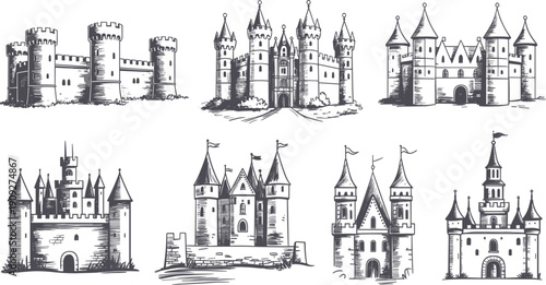 Set of medieval castle and fortress hand drawn vector illustrations, vintage palace architecture for history