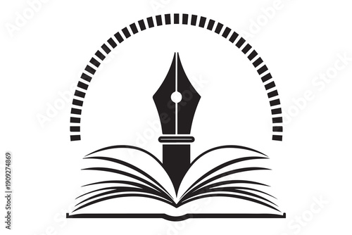 Open book with a fountain pen nib emerging from it silhouette illustration