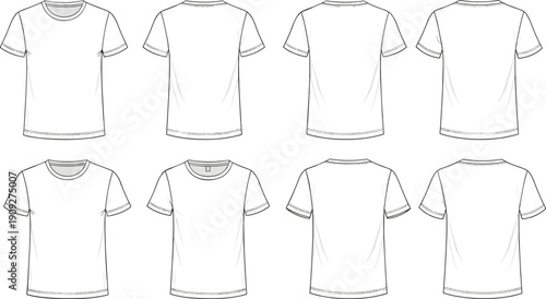 Basic crew neck t shirt technical flat sketch set showing multiple front and back views for apparel mockup templates
