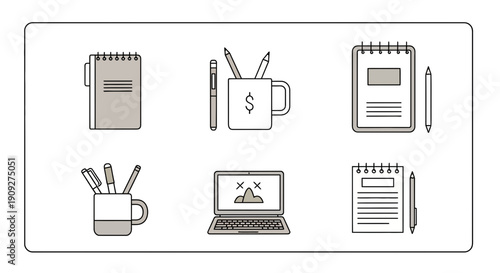 Office Supplies and Laptop Icons: Notebooks, Pens, Mug, Laptop with Sad Face