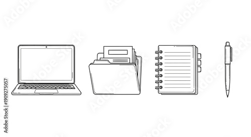 Office Essentials: Laptop, Folder, Notebook, Pen - Business Workstation Icons