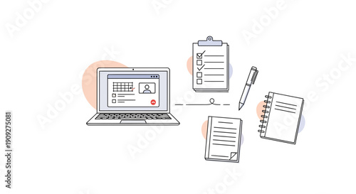 Online application, digital form, checklist, laptop, pen, notebook, paperwork, remote work concept