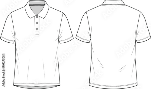 Classic polo shirt technical flat sketch showing clean front and back views for fashion apparel mockup template design