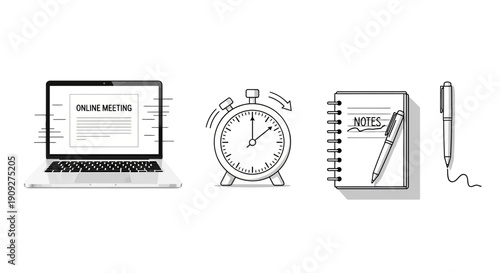 Online meeting concept: laptop, alarm clock, notebook with pen, time management, remote work