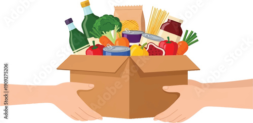 Hands holding cardboard box full of fresh groceries and canned goods