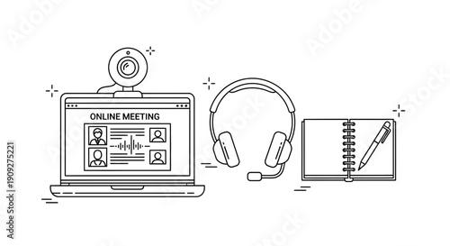 Online meeting setup with laptop, webcam, headset, and notebook for remote work and communication.