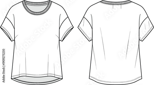 Womens basic t shirt technical flat sketch with curved hem showing front and back views for apparel template
