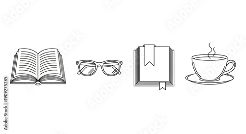 Open Book, Glasses, Stacked Books with Bookmark, and Coffee Cup - Reading and Relaxation Icons