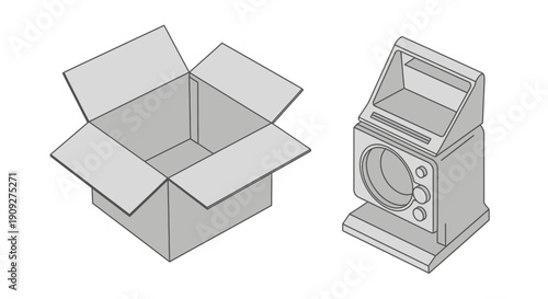 Open Cardboard Box and Vintage Monitor Icon