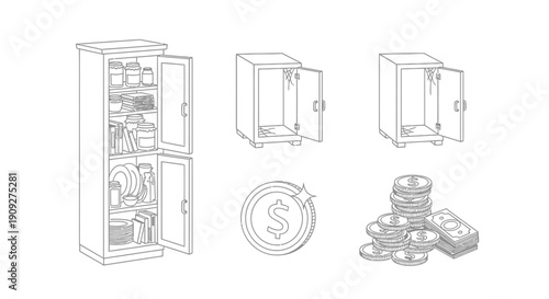 Open cabinets with food, empty closets, money stack, and dollar coin. Concept of saving, budgeting, and financial planning.