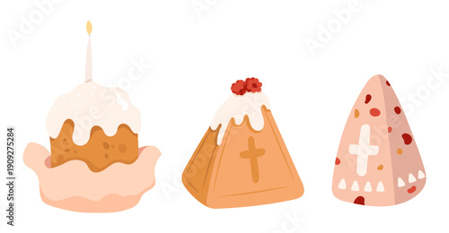 Easter cakes set. Christianeaster illustration in flat style. Happy Easter.