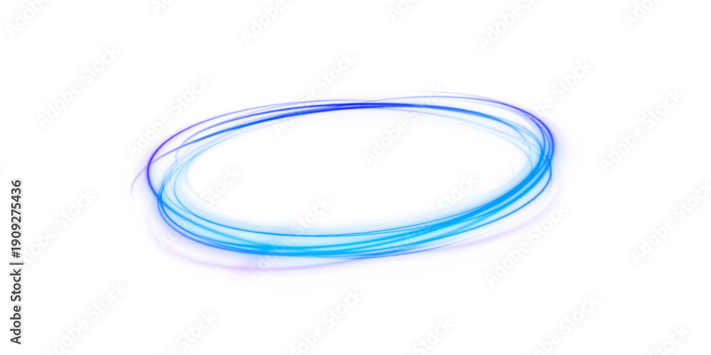 Naklejka premium Glowing neon swirl forms a magical spiral with vibrant energy. Blue light frames a futuristic portal glowing in the dark. Dynamic trails create a sense of motion.