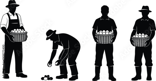 Farmer harvesting organic eggs set of black silhouettes holding wicker baskets and picking up fresh produce for agriculture market design (