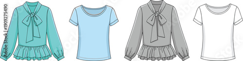 Womens blouse and t shirt flat fashion illustration set showing casual and elegant tops in multiple color variations