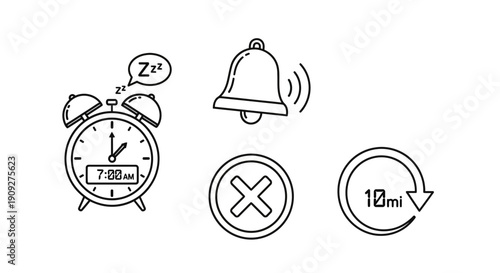 Alarm Clock, Bell, Cancel, Repeat Icons: Morning Routine, Wake Up, Snooze, Time Management