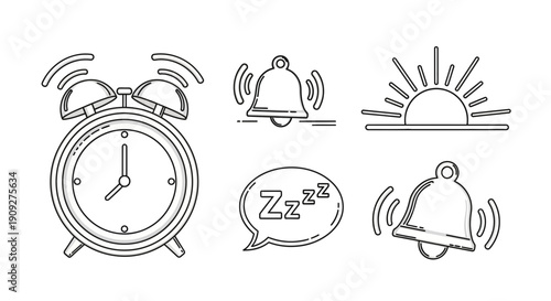 Alarm Clock, Bells, Sunrise, Zzz Sleep Bubble - Wake Up Concept Icons