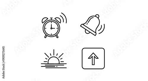 Alarm Clock, Bell, Sunrise, Upload Icons Set: Morning Routine, Notification, Wake Up, Data Transfer
