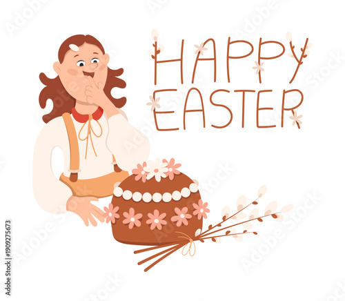 Happy easter greeting card with young woman holding easter cake with flowers christianeaster