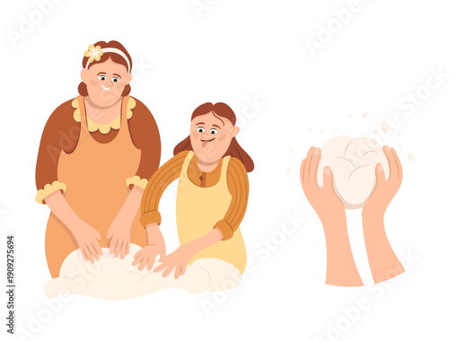Little girl and her mother making dough kulich paska cute cartoon illustration