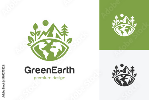 Mountain Earth Logo Icon Design. Abstract Nature Vision Concept Symbol for Environmental Watch, Green Energy, Global Agriculture, and Eco Identity
