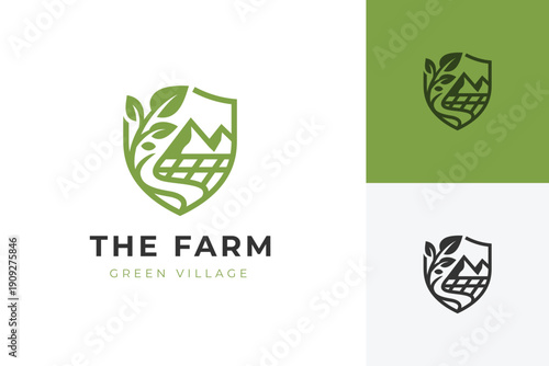 Shield Plant, Farm Field Logo Icon Design. Abstract Agriculture Village Concept Symbol for Organic Landscape, Green Real Estate, Mountain Nature, and Rural Identity