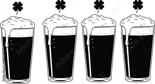Four glasses of dark Irish stout beer with foam heads and shamrock clovers black and white line art vector illustration.