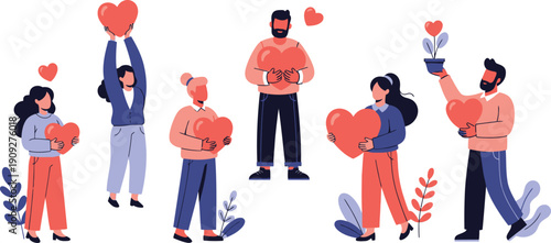 Diverse people showing love and care with heart symbols