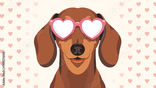 Vector illustration of an adorable dachshund with a smooth, brown coat and a sweet expression, wearing trendy love-heart shaped sunglasses with vibrant