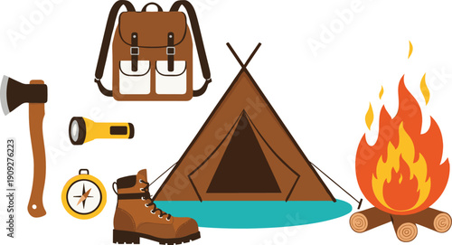 Camping adventure equipment set with tent campfire backpack vector illustration outdoor travel concept