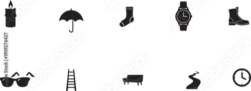 Fashion and accessories icon set. Includes sunglasses, umbrella, watch, boots, candle, sock, ladder, cow, snake, clock. Created in black silhouette style with monochromatic palette.
