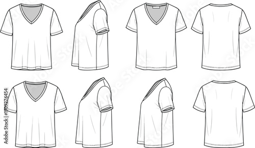 V neck t shirt technical flat sketch set showing front side and back views for fashion apparel mockup template