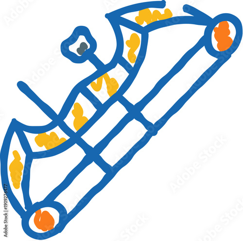 Hand drawn blue outline illustrating a roller coaster car on its track, showing the excitement and high speeds associated with amusement park rides and recreation