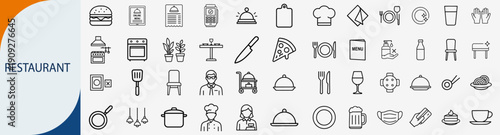 Restaurant and food service icons set, line symbols for cooking kitchen utensils cafe menu dining and catering vector illustration