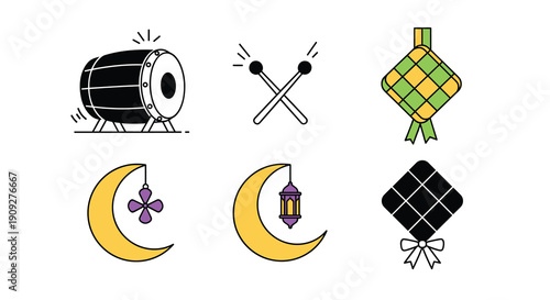Icon Set Happy Eid Mubarak Greetings, Muslim people greet each other and shake hands. Celebrate Eid al-Fitr concept illustration