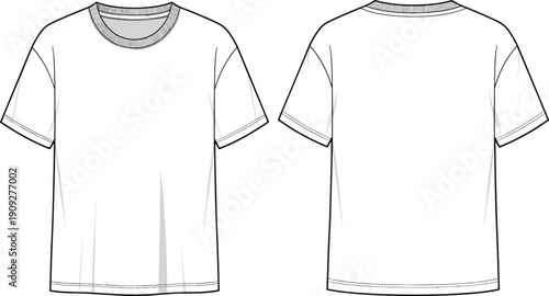 Basic crew neck t shirt technical flat sketch showing clean front and back views for fashion apparel mockup template