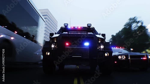 An swat police driving fast on a city street. Realistic 4k animation.