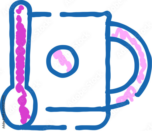 Hand drawn blue doodle of a thermometer next to a steaming mug, symbolizing hot drinks, temperature check, comfort and wellness during cold, flu or cozy winter moments