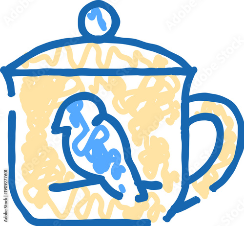 Hand drawn abstract cup with lid featuring a stylized bird motif in bold blue outlines and playful yellow and blue scribbles, minimalist cozy drinkware illustration