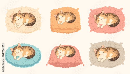 Vector template featuring a set collection of a cute cat sleeping peacefully on a plush blanket surrounded by soft and cozy pillows