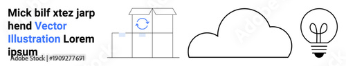 Cloud storage, innovation, digital services, logistics, tech solutions, environmental concepts. Minimal line art of a cloud, warehouse box and lightbulb. Cloud storage and innovation concept